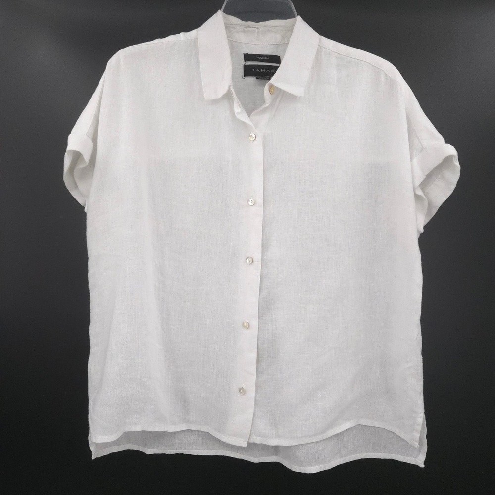 Tahari Button Down Shirt Womens Small White 100% Linen Short Sleeve Cuffed Top